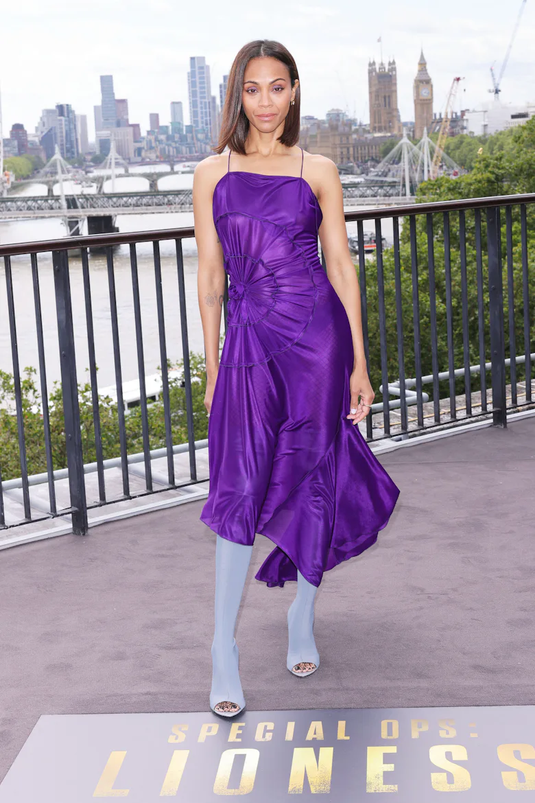 zoe saldana purple dress Zoe Saldana Oscars 2010: Purple Pom Poms (PHOTO)