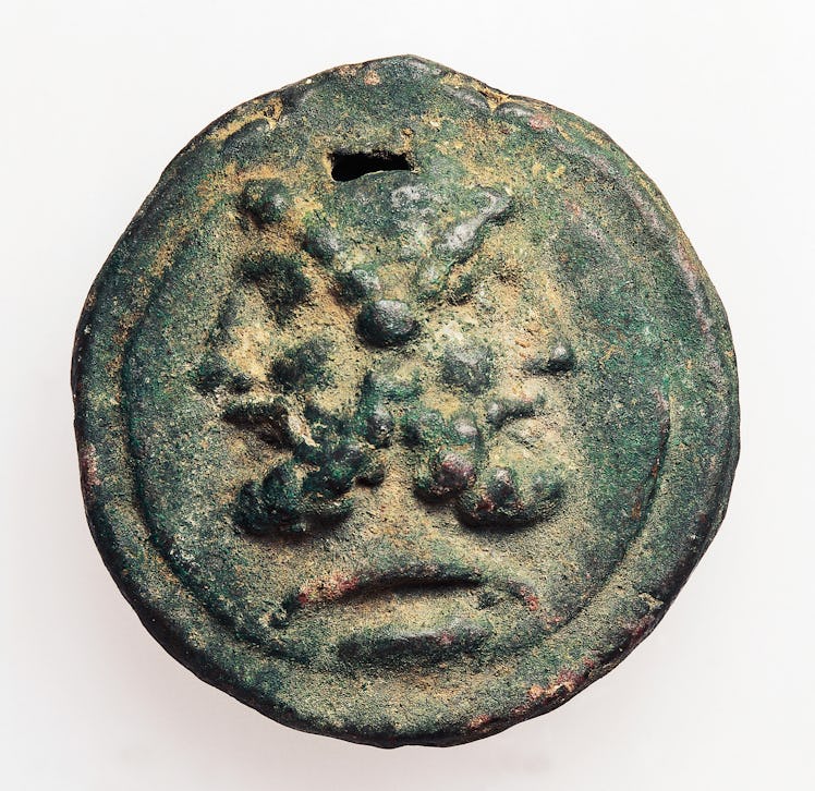 UNSPECIFIED - APRIL 28: Aes grave (heavy bronze coin) with the head of Janus, recto, 335 BC. Roman c...