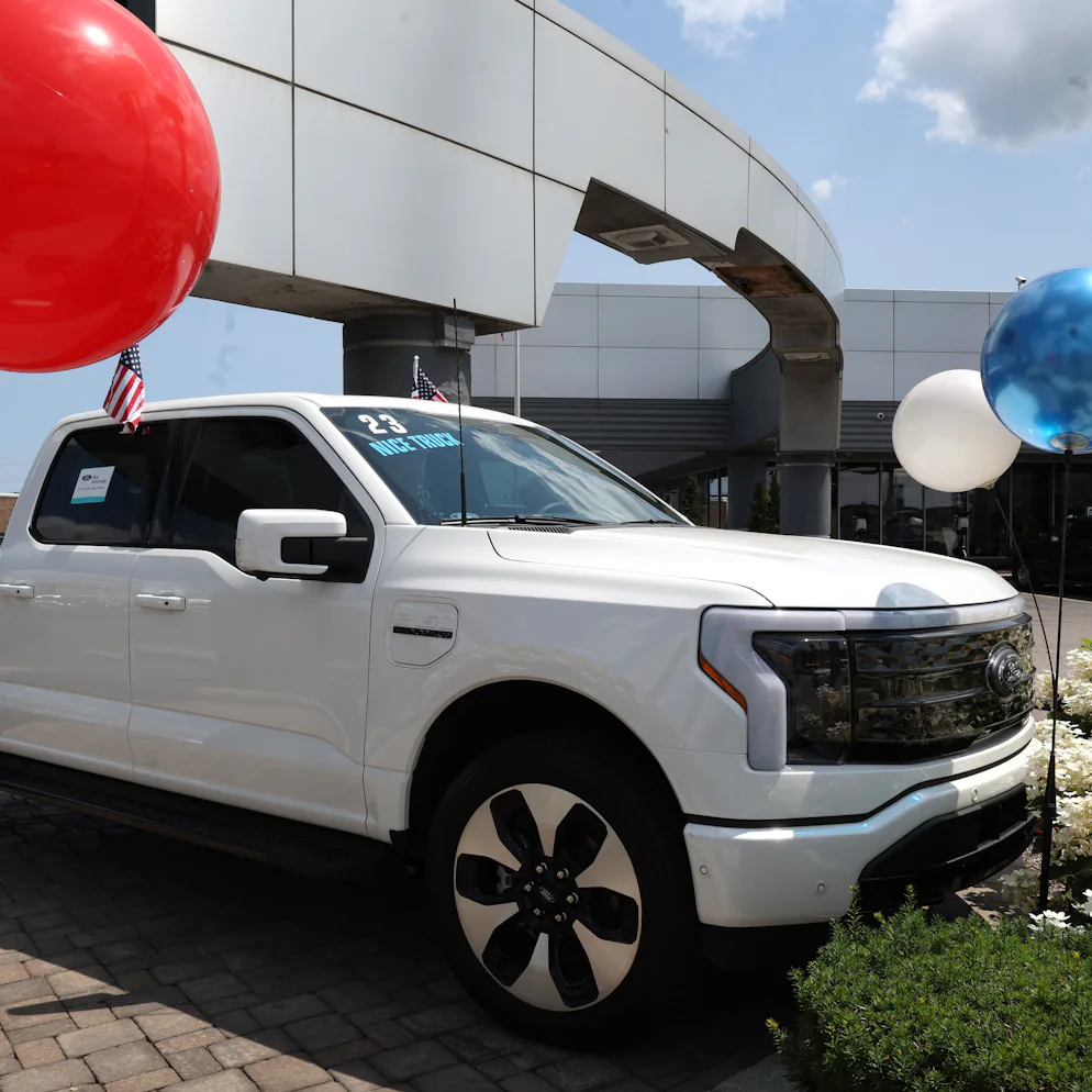 NILES, ILLINOIS - JULY 18: A 2023 Ford F-150 Lightning EV is offered for sale at Golf Mill Ford on J...
