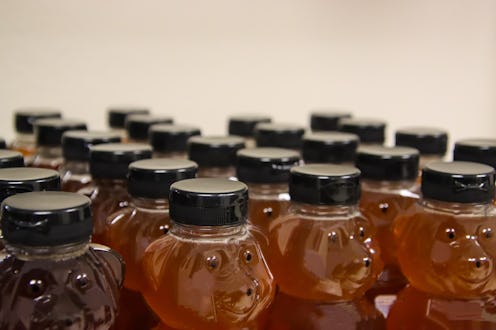 Full plastic honey bear bottles lined up like soldiers.