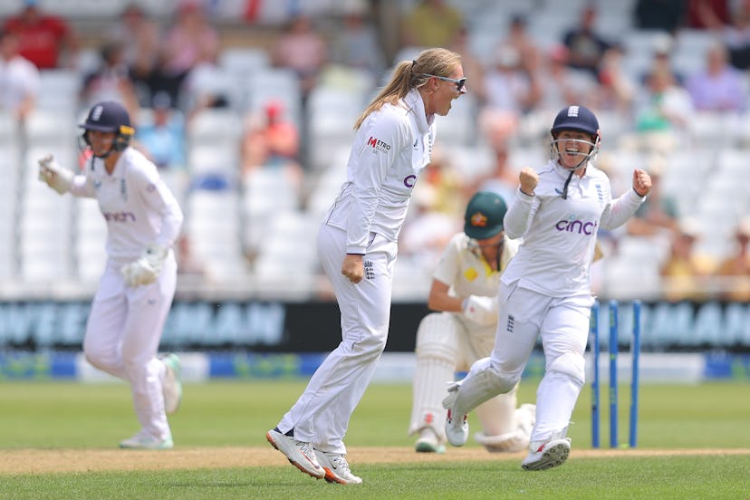 NOTTINGHAM, ENGLAND - JUNE 25: Sophie Ecclestone of England celebrates the wicket of Annabel Sutherl...