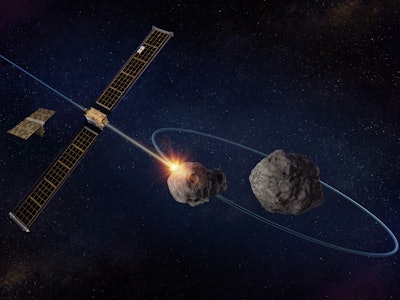 Artist rendering of the NASA Double Asteroid Redirection Test (DART) space probe approaching the ast...