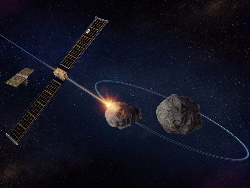 Artist rendering of the NASA Double Asteroid Redirection Test (DART) space probe approaching the ast...