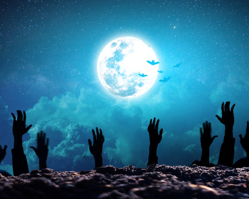 A zombie hand rising from the cemetery in a spooky night. Halloween party card - pumpkins and skelet...