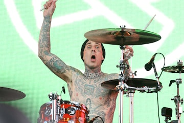 INDIO, CALIFORNIA - APRIL 14: Travis Barker of Blink-182 performs at the Sahara Tent during the 2023...
