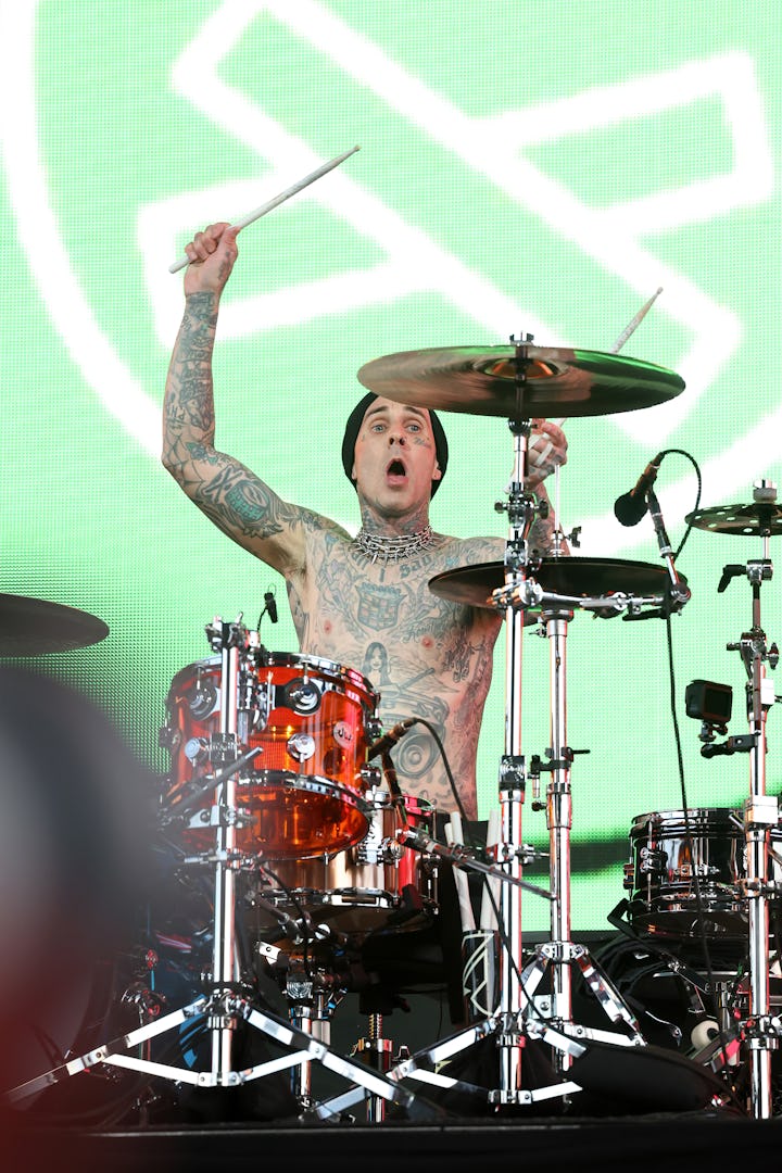 INDIO, CALIFORNIA - APRIL 14: Travis Barker of Blink-182 performs at the Sahara Tent during the 2023...