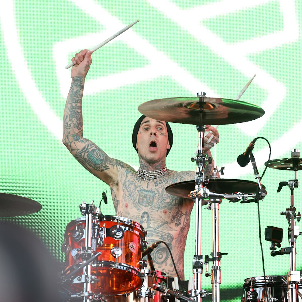 INDIO, CALIFORNIA - APRIL 14: Travis Barker of Blink-182 performs at the Sahara Tent during the 2023...