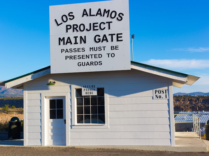 Los Alamos, NM: The historic Los Alamos Project main gate, where screening and security were conduct...