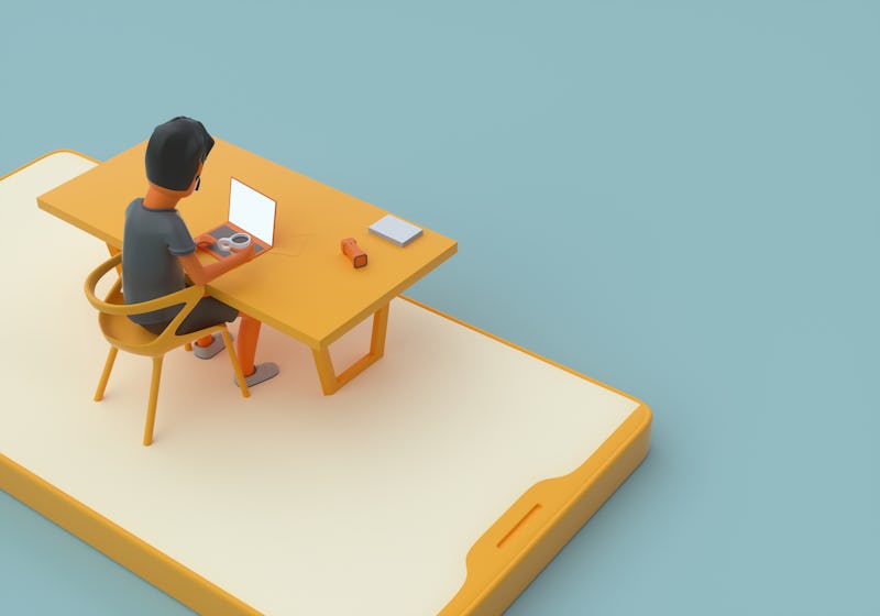 3d concept of the app developer who is sitting at the table with smart phone under him.