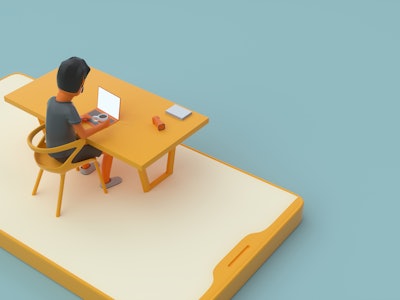 3d concept of the app developer who is sitting at the table with smart phone under him.