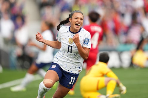 AUCKLAND, NEW ZEALAND - JULY 22: Sophia Smith #11 of the United States celebrates scoring during the...