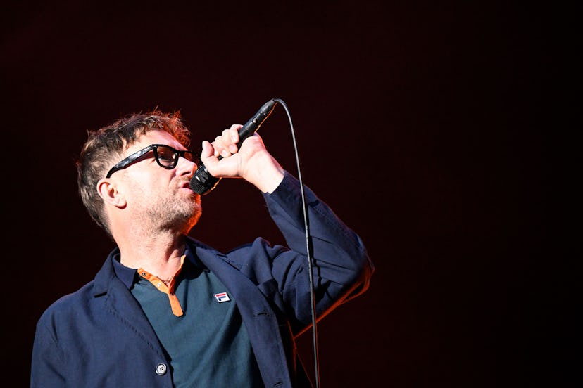 British band Blur singer Damon Albarn performs during the music festival Les Vieilles Charrues in Ca...