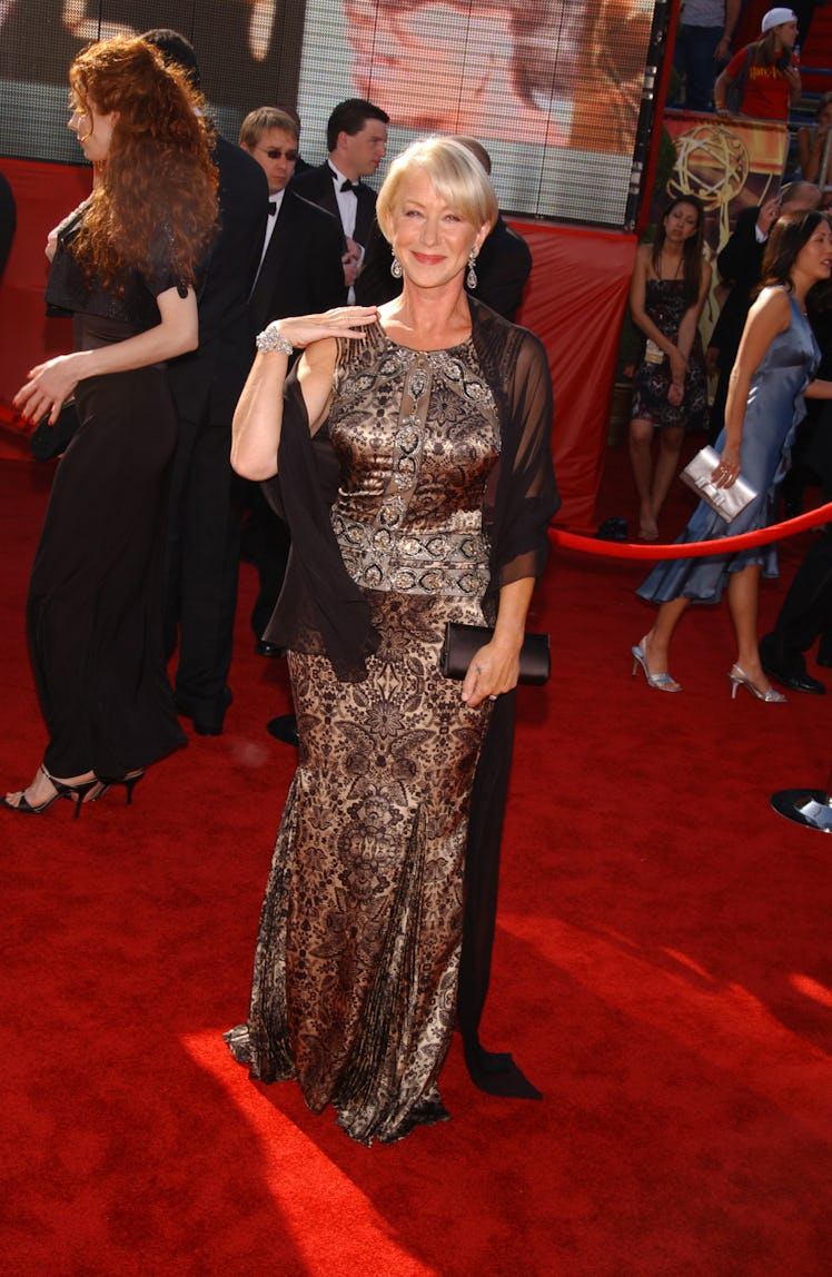 Helen Mirren (dress by Badgley Mischka; jewelry by Fred Leighton) arrives at the 55th Annual Emmy Aw...