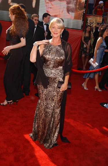 Helen Mirren (dress by Badgley Mischka; jewelry by Fred Leighton) arrives at the 55th Annual Emmy Aw...