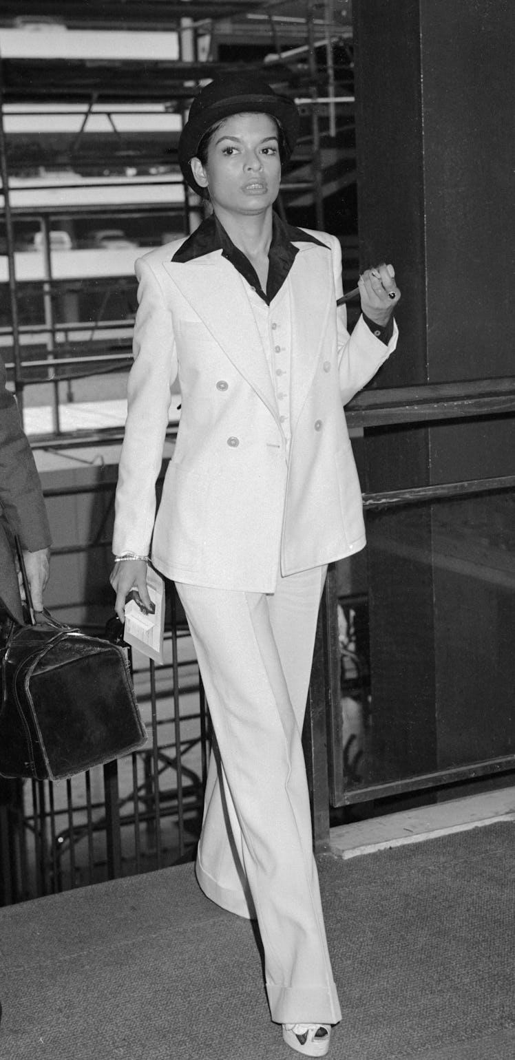 Bianca Jagger at Heathrow Airport in London, England, July 1972.