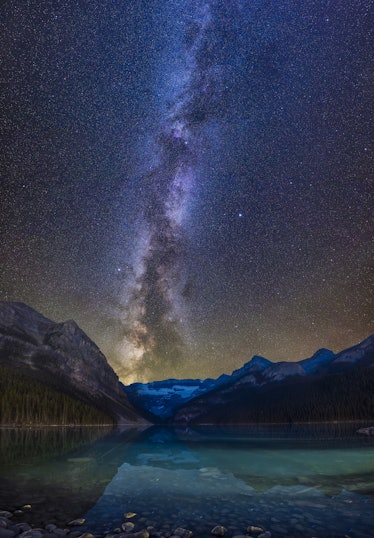 Galaxy and glacier! This is a vertical panorama of the Milky Way Galaxy over Lake Louise and Victori...