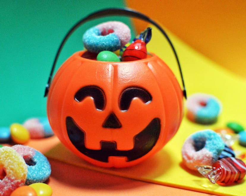 Jack o lantern bucket filled with candies in article about when halloween goods show up at target