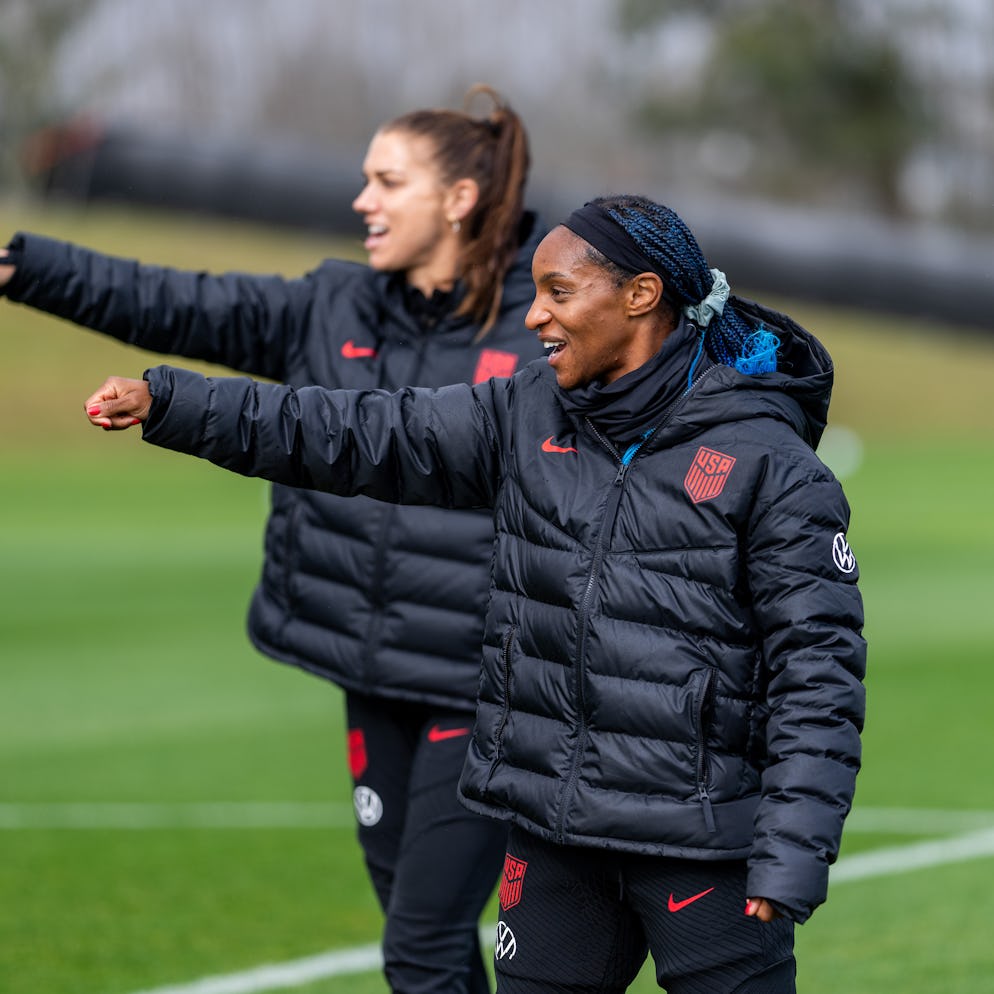 Alex Morgan #13 and Crystal Dunn #19 of the United States warm up during USWNT Training at Bay City ...