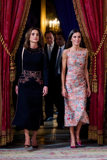 Queen Letizia of Spain (R) receives  Queen Rania of Jordan for a lunch at the Royal Palace on June 1...