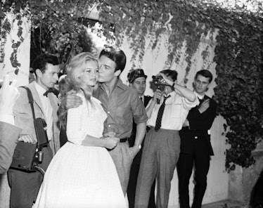 France- French movie actress Brigitte Bardot gets a kiss from her new husband,