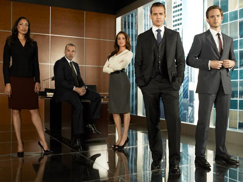 Gina Torres, Rick Hoffmann, Meghan Markle, Gabriel Macht, and Patrick Adams on 'Suits.' Photo via Ge...