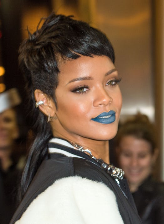 Rihanna bright blue lipstick in London 2014