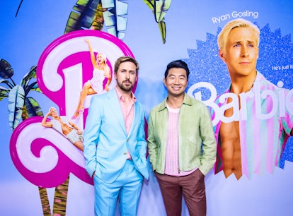 TORONTO, ONTARIO - JUNE 28: (L-R) Ryan Gosling and Simu Liu attend "Barbie" Canadian Press Day on Ju...