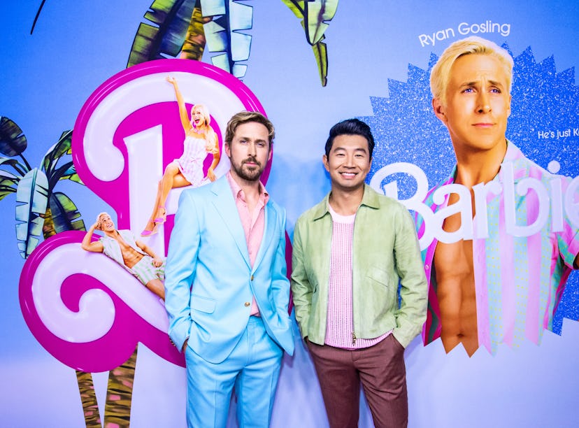 TORONTO, ONTARIO - JUNE 28: (L-R) Ryan Gosling and Simu Liu attend "Barbie" Canadian Press Day on Ju...