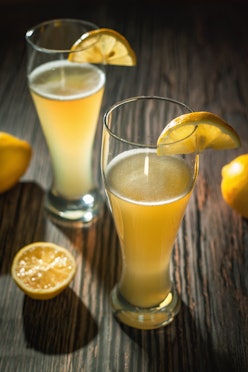 Two glasses of cold lemon radler beer, summer drink