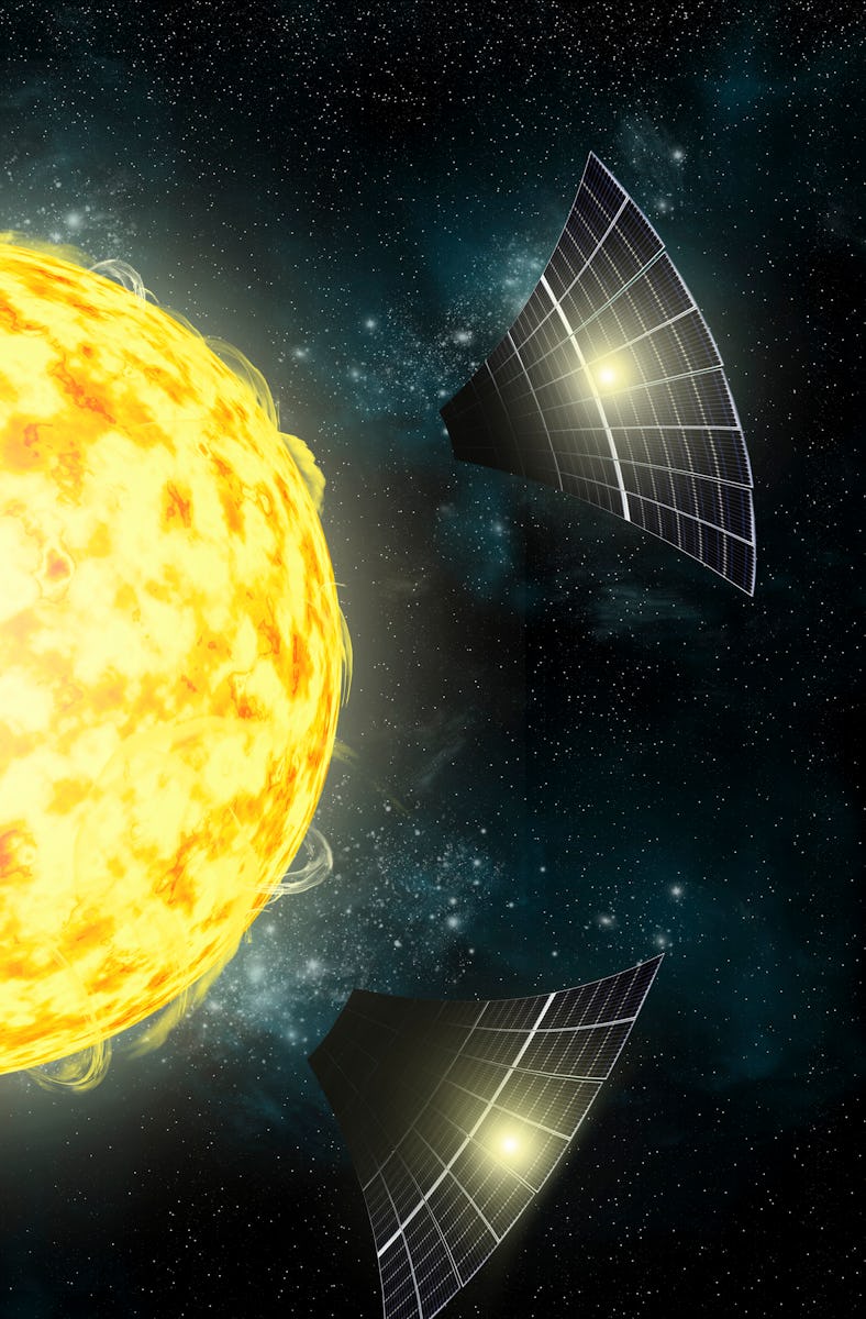Illustration of a fiery yellow Sun surrounded by large, curved solar panels in space
