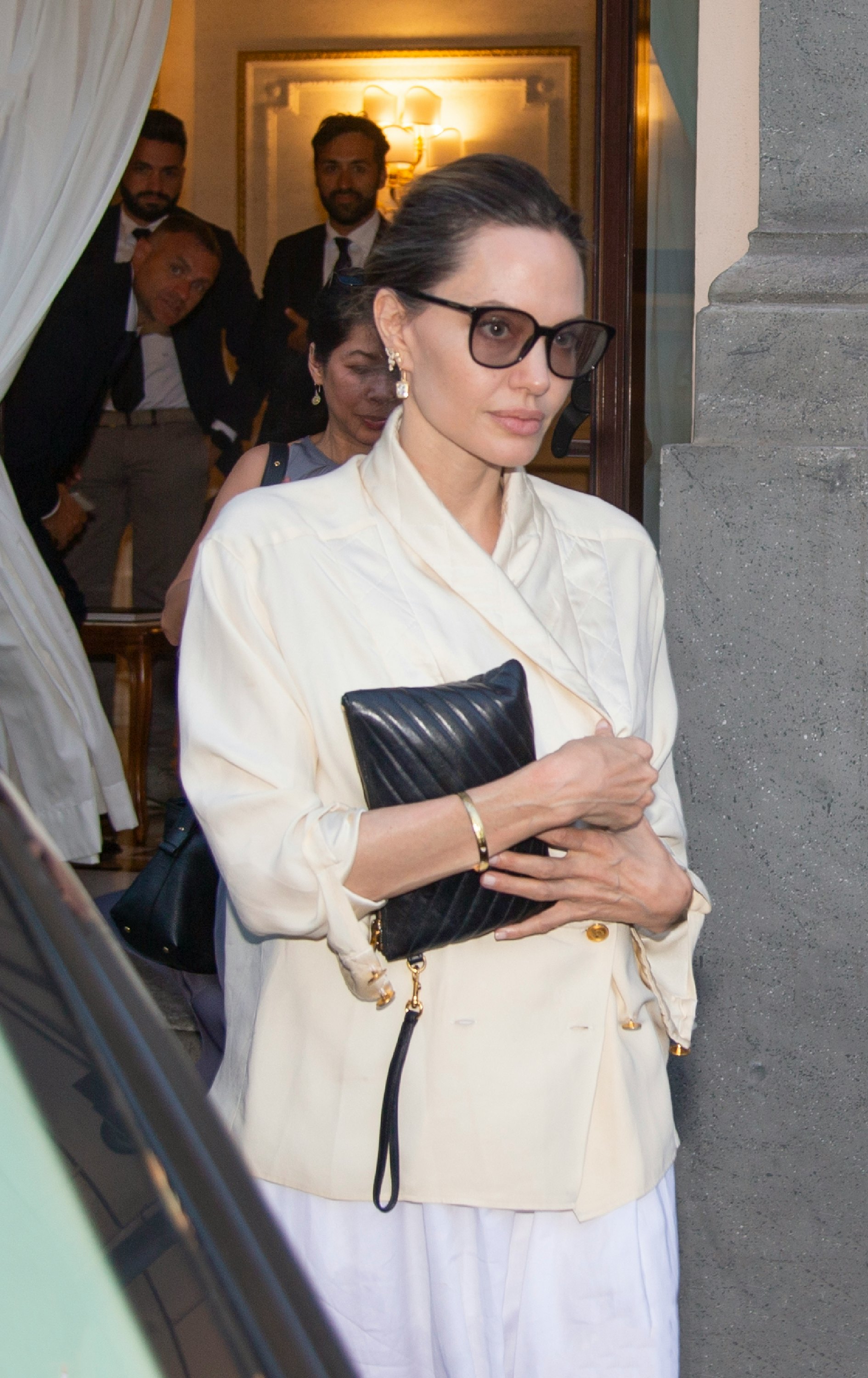 Angelina Jolie Pairs a Double-Breasted Blazer With a Crisp Maxi 