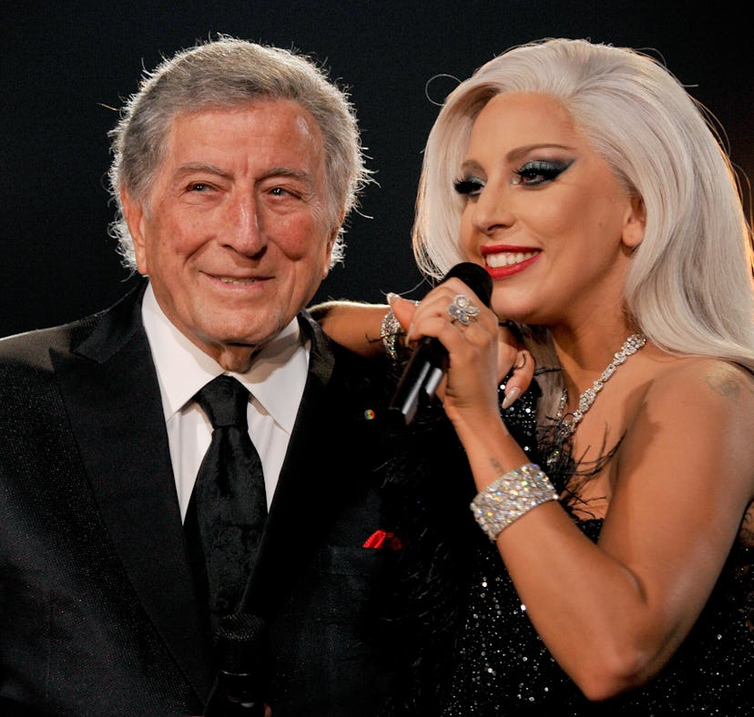 LOS ANGELES, CA - FEBRUARY 08: Recording artists Lady Gaga (R) and Tony Bennett perform onstage dur...