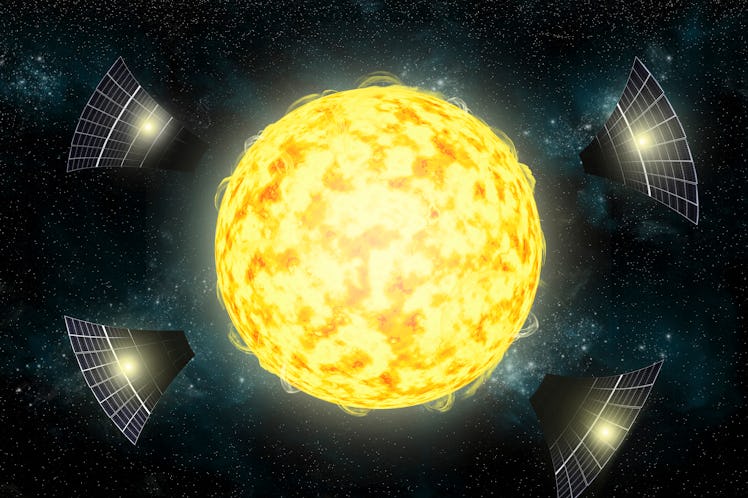 illustration of a fiery yellow sun surrounded by curved solar panels, in space