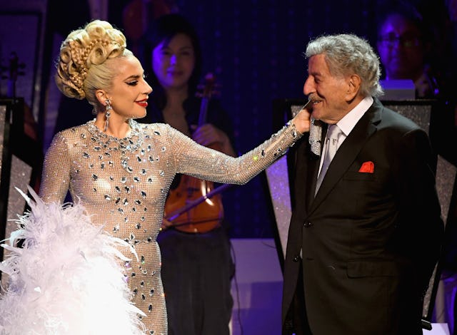 Lady Gaga performs with Tony Bennett during her 'JAZZ & PIANO' residency at Park Theater at Park MGM...