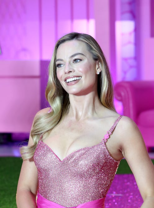 Margot Robbie wore pink French tips during the 'Barbie' movie press tour in July 2023.