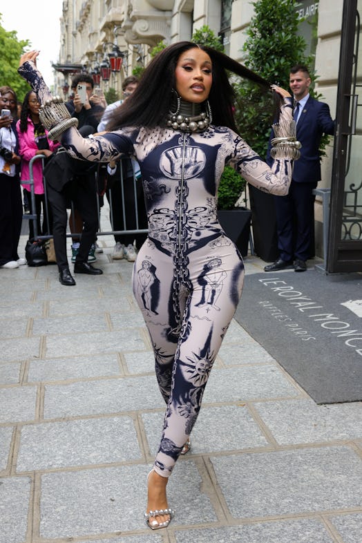 Cardi B is seen leaving her hotel on July 05, 2023 in Paris, France. 