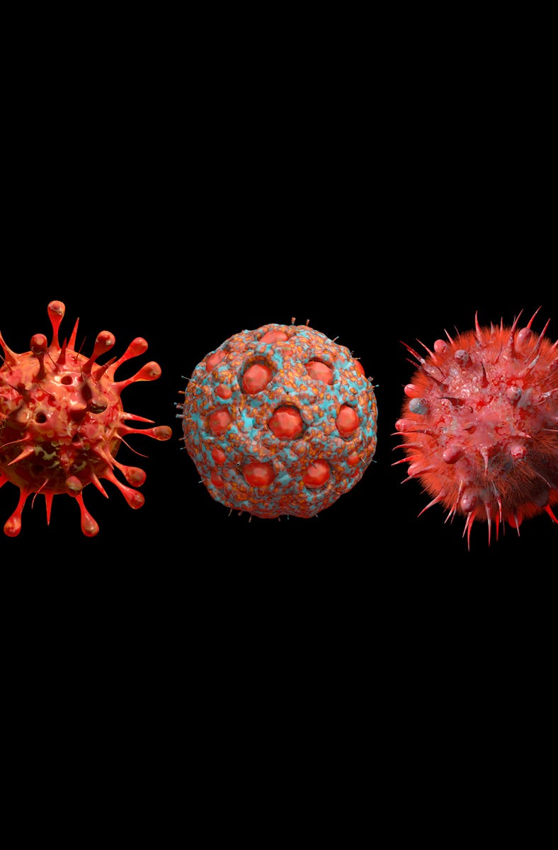 Digital generated image of different variants of virus cells against a black background.