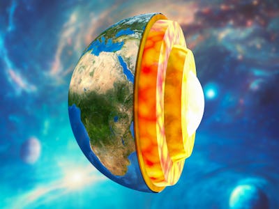 Internal structure of the Earth, cutaway computer illustration. From the centre outwards, the four l...