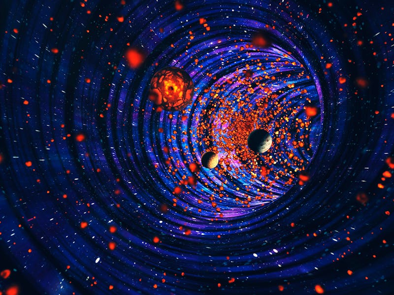 Black hole concept with deep universe galaxy, planets, stars.