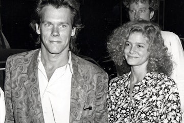 A young Kevin Bacon and Kyra Sedgwick in a black and white photo, walking, during New York Premiere ...