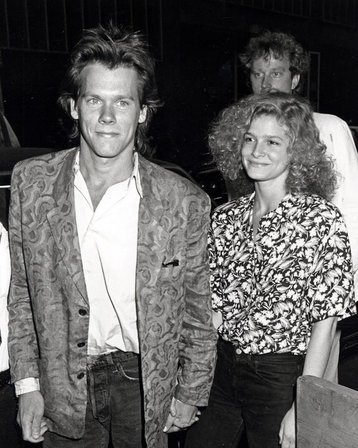 A young Kevin Bacon and Kyra Sedgwick in a black and white photo, walking, during New York Premiere ...