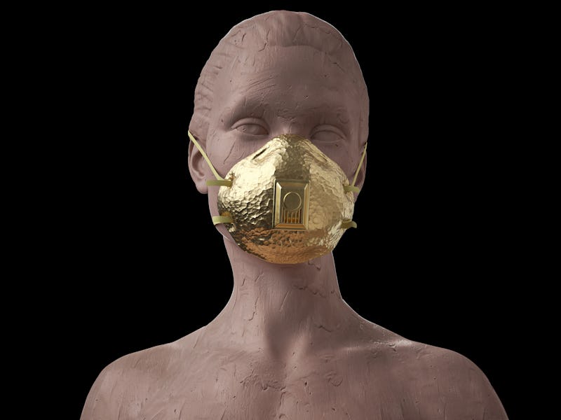 Digital compositing a female figure clay sculpture with a golden mask