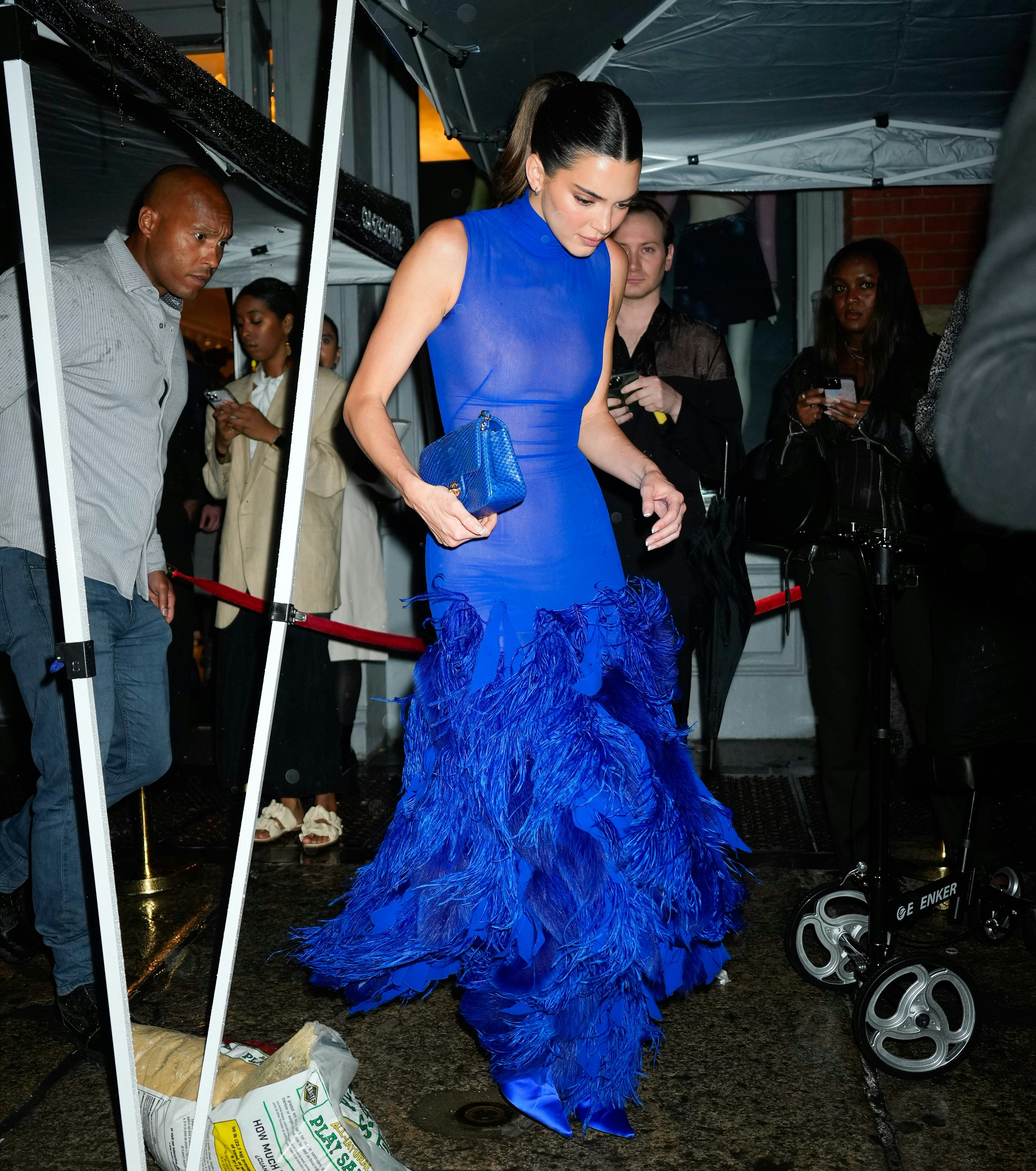 Kendall Jenner wears a cobalt blue sleeveless dress with feathers along the skirt.