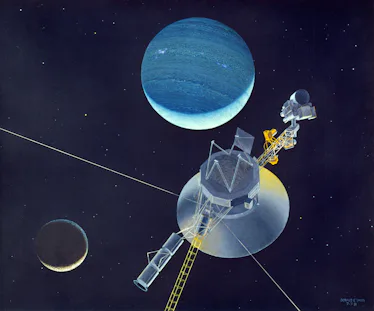 1981: A simulation of the space probe Voyager 2 preparing to leave our solar system to become the f...