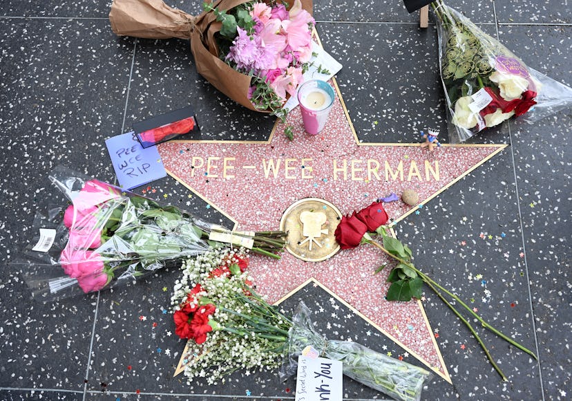 Flowers Placed On The Walk of Fame Star of Paul Reubens aka Pee Wee-Herman on July 31, 2023 in Holly...