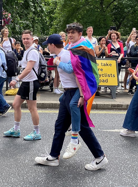 LONDON, ENGLAND - JULY 02: The cast of Heartstopper (L-R) Kit Connor and Joe Locke attend Pride in L…
