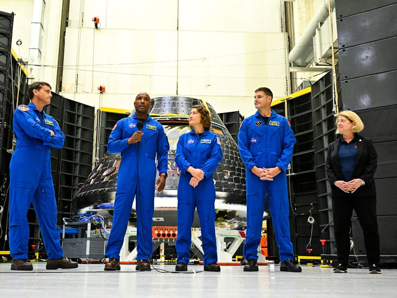 The crew of Artemis II, US astronauts Victor Glover (R), pilot; Reid Wiseman (2nd L), commander; Chr...