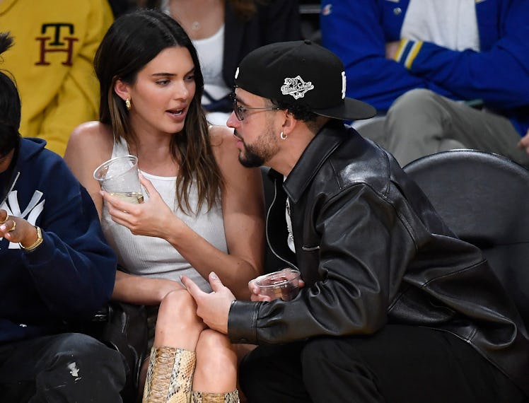 Kendall Jenner and Bad Bunny attend the Western Conference Semifinal Playoff game between the Los An...