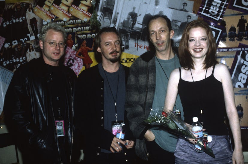 (L-R) Steve Marker, Butch Vig, Duke Erikson, and Shirley Manson of Garbage pose during Live 105's Gr...