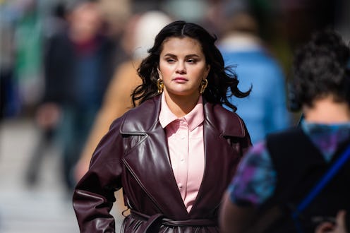 NEW YORK, NEW YORK - MARCH 17: Selena Gomez is seen filming "Only Murders in the Building" in Queens...